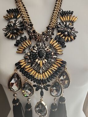 NWT Chico's Versailles Gold and Black Fringe Bib Statement Necklace